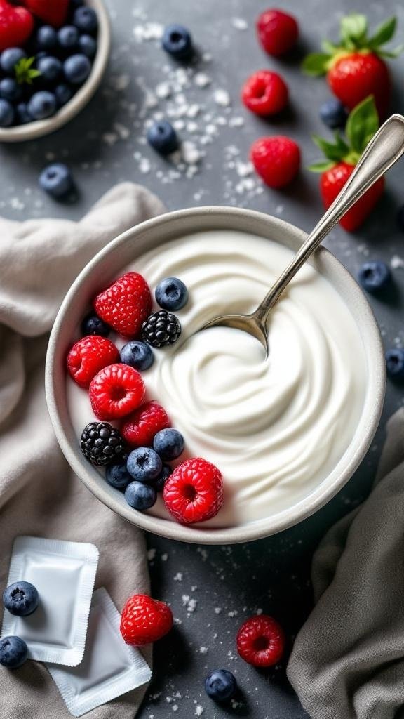 A bowl of low-fat yogurt topped with fresh berries, with packets of artificial sweetener nearby.