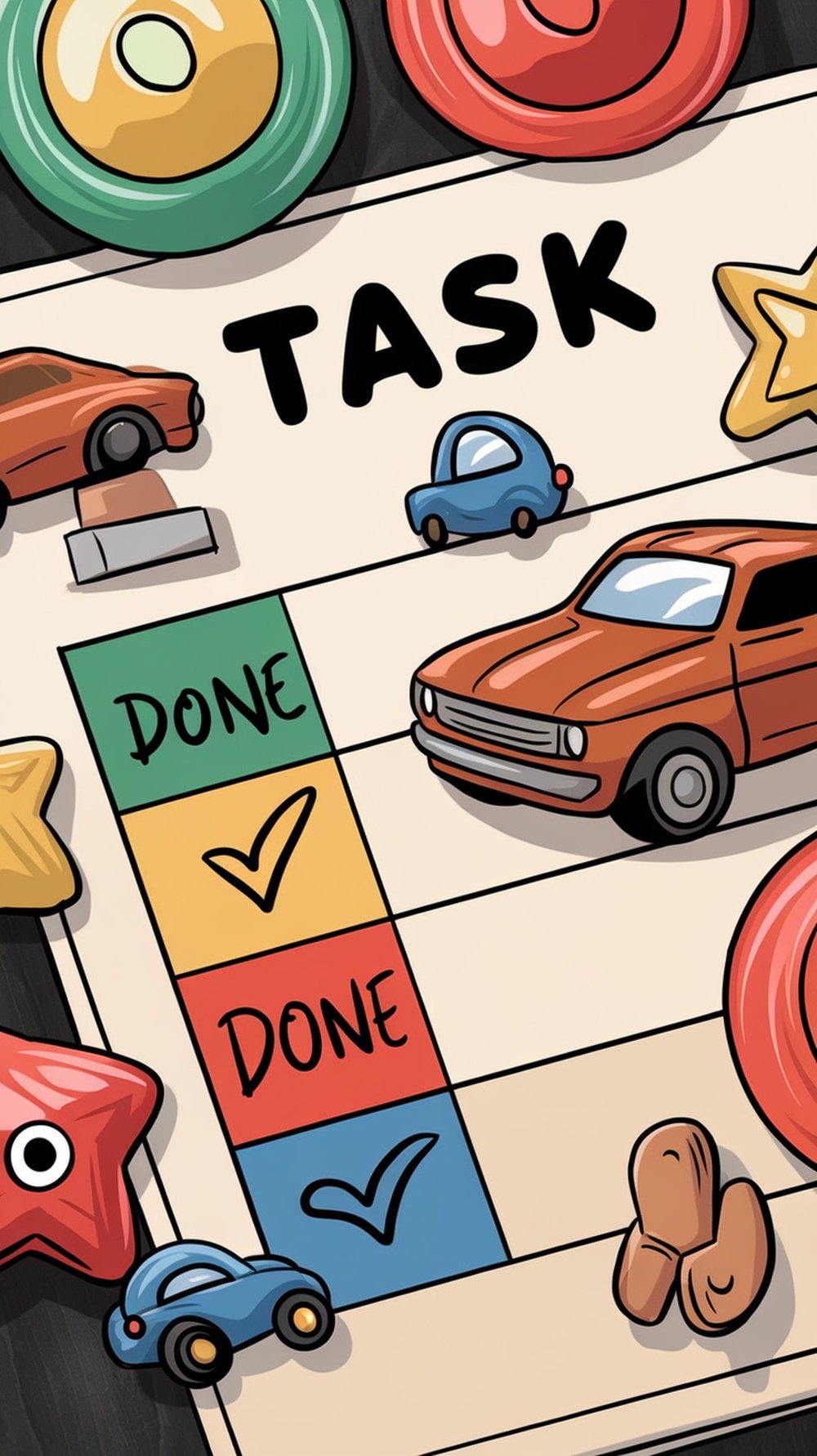A colorful reward chart with circles and stickers for tracking progress.