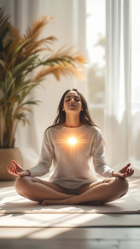 A person practicing box breathing in a serene indoor setting, surrounded by plants and soft light.