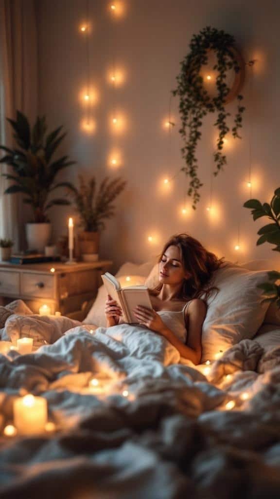A cozy bedroom with soft lighting, candles, and a person reading a book in bed.