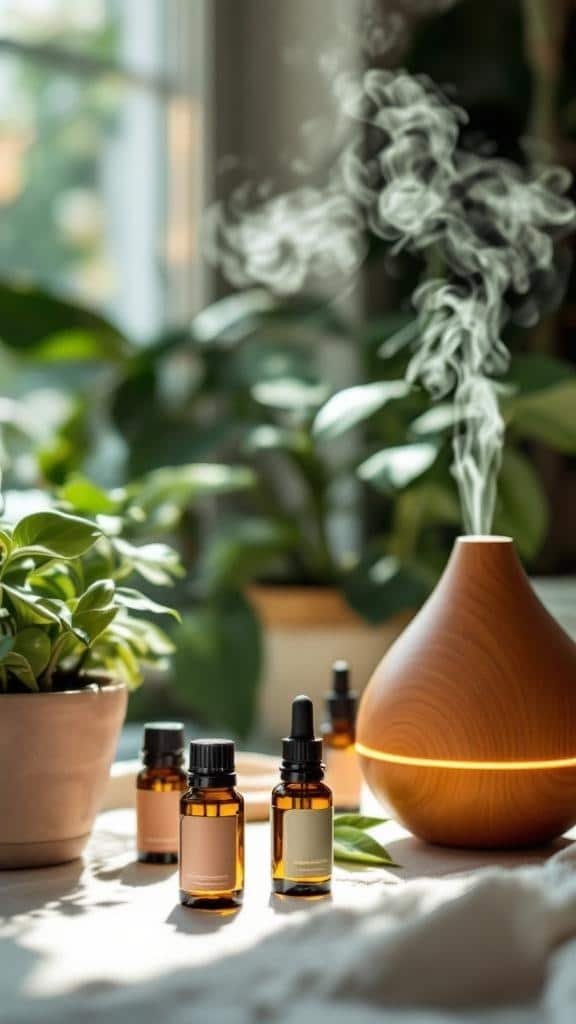 Aromatic essential oils with a diffuser and plants in a cozy setting.