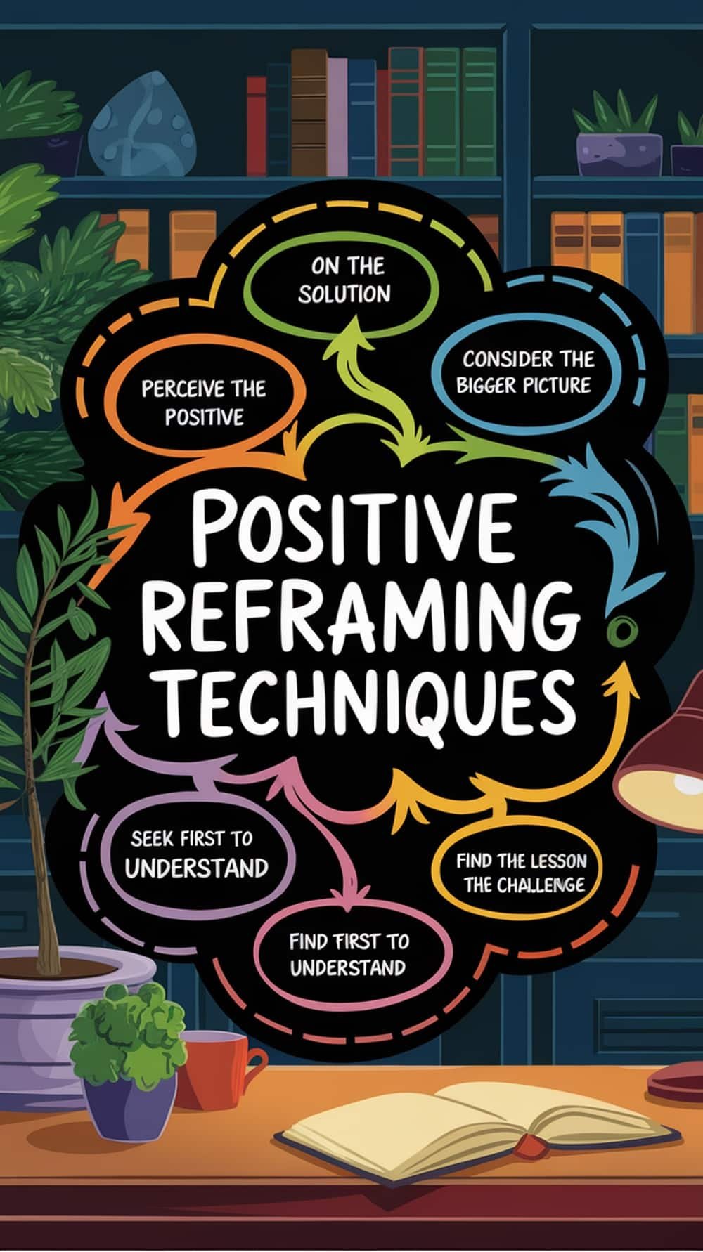 A colorful diagram illustrating positive reframing techniques on a whiteboard.