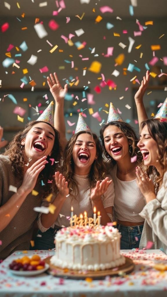 A group of friends celebrating a birthday with confetti and a cake, expressing joy and excitement.