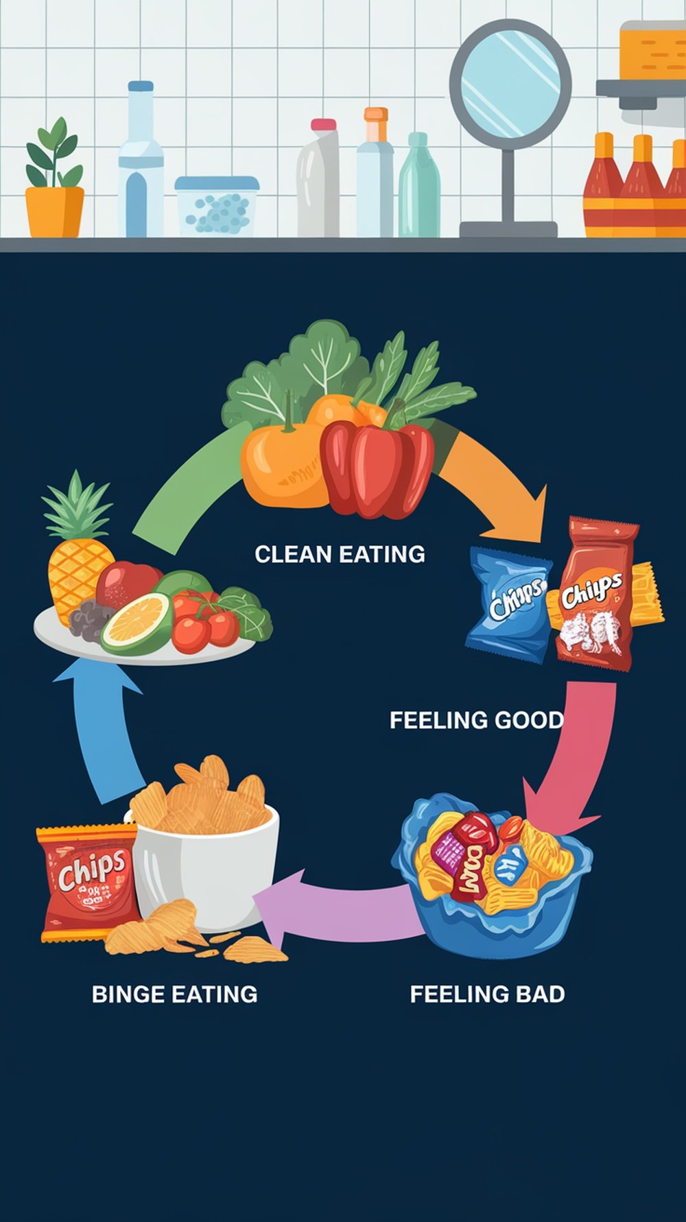 A split image showing healthy foods on one side and indulgent snacks on the other.