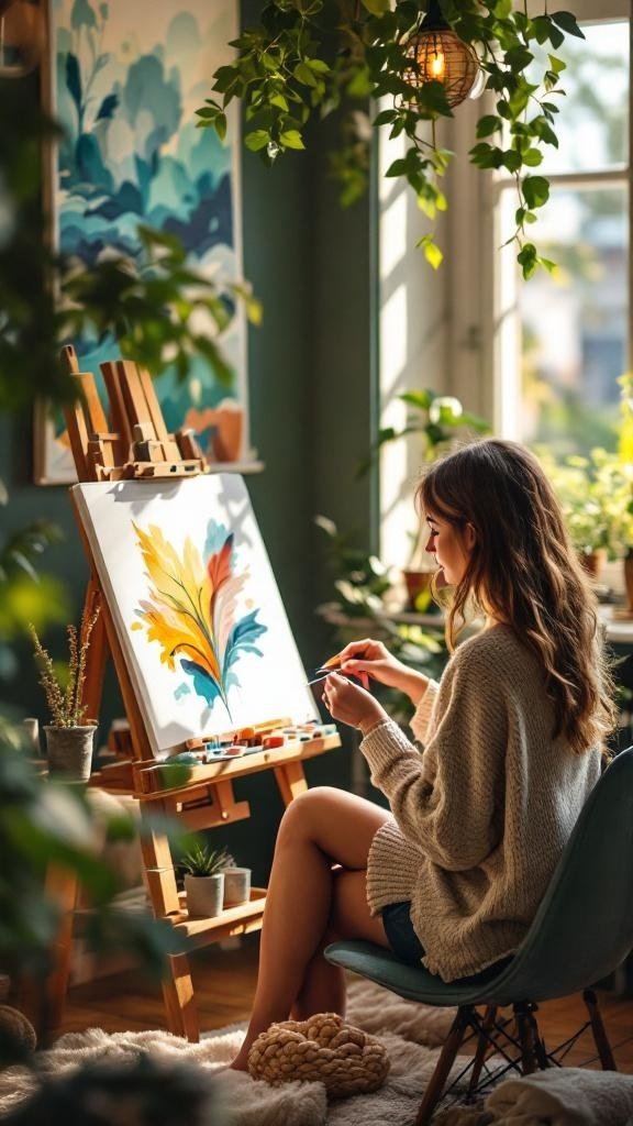 A person painting in a cozy room filled with plants and natural light.