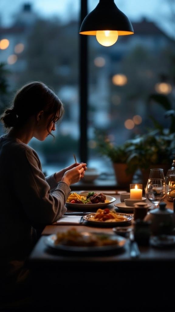 A person practicing mindful eating at a cozy table with healthy dishes and warm lighting.