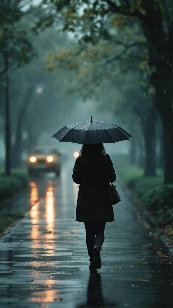 A person walking in the rain with an umbrella on a wet street.