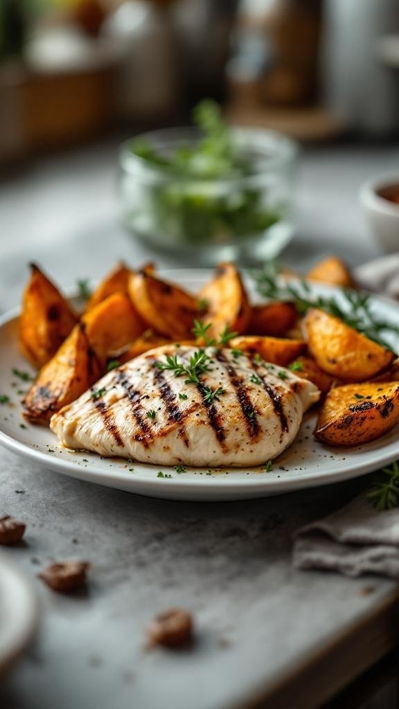 A plate of grilled chicken breast with sweet potato wedges, garnished with herbs.