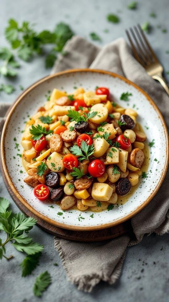 A colorful plate of pasta with cherry tomatoes, herbs, and various shapes of pasta.