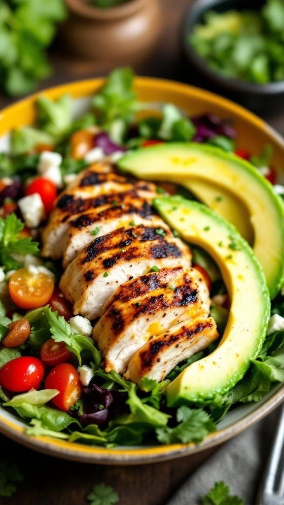 A colorful grilled chicken salad with avocado, cherry tomatoes, and mixed greens.