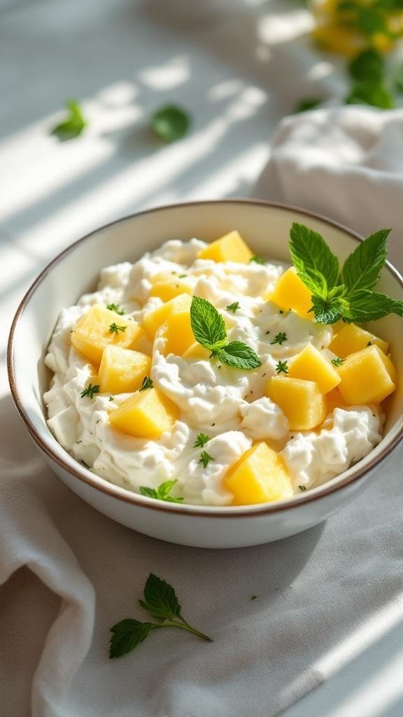 A bowl of cottage cheese topped with pineapple chunks and mint leaves.