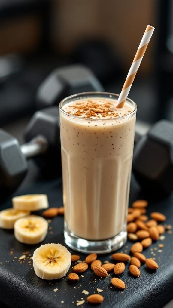 A glass of banana and almond butter smoothie with a straw, surrounded by banana slices and almonds, set against a backdrop of dumbbells.