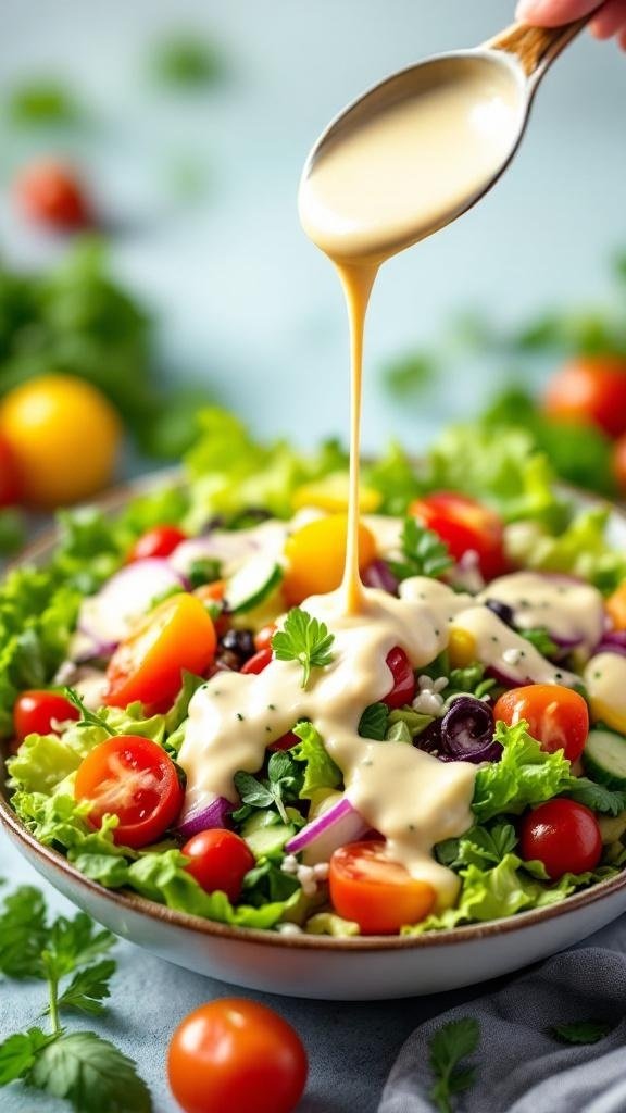 A bowl of fresh salad topped with creamy dressing being poured from a spoon.