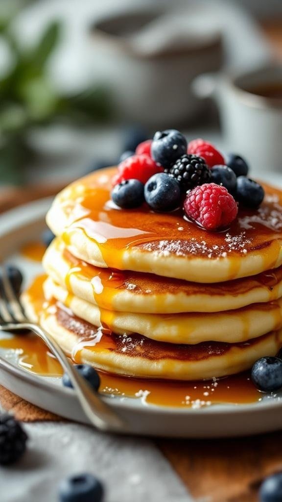 A stack of cottage cheese pancakes topped with maple syrup and fresh berries.