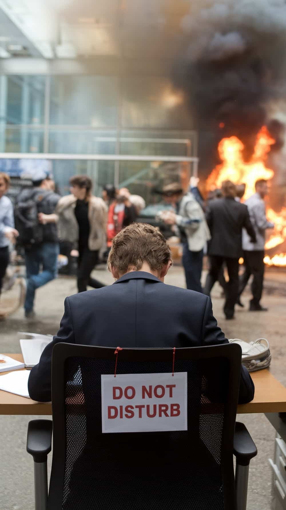 A person sitting at a desk with a 'Do Not Disturb' sign, focused on work while chaos unfolds outside the window.