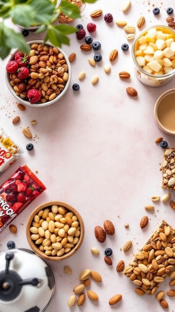 A variety of energizing snacks including nuts, berries, and granola bars arranged on a light background.