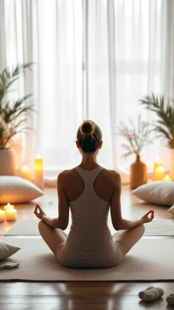 A person meditating in a calm, candle-lit room with plants.