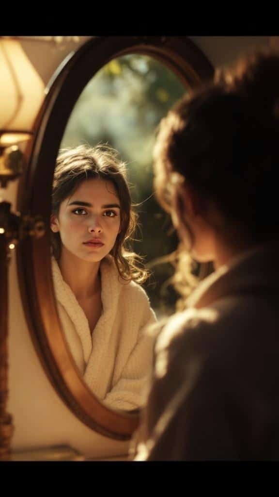 A young woman looking thoughtfully into a mirror, reflecting on her feelings.