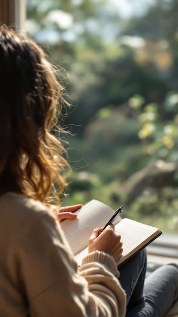A person writing in a notebook by a window, surrounded by greenery.