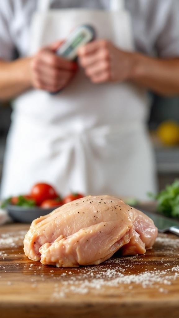 Raw chicken breast on a wooden cutting board with seasoning, ready for cooking.