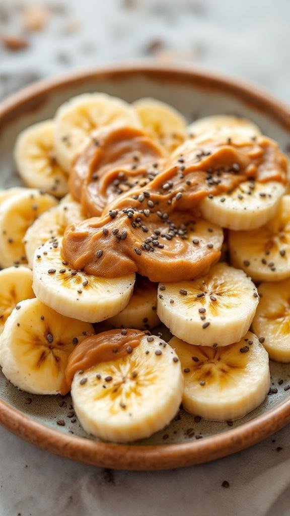 A plate of banana slices topped with almond butter and chia seeds.