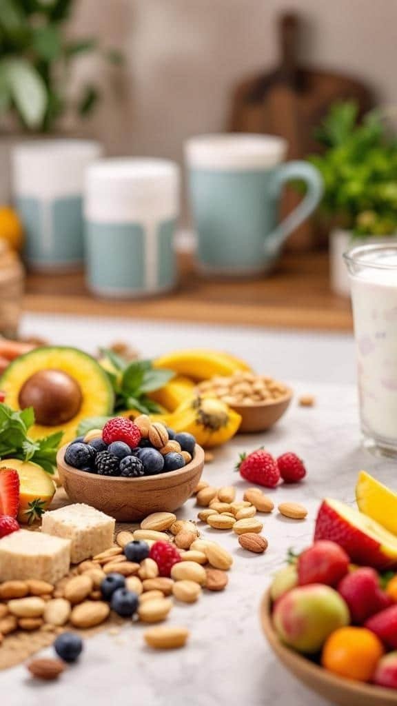 A variety of nutritious snacks including fruits, nuts, and sweet treats on a marble surface.