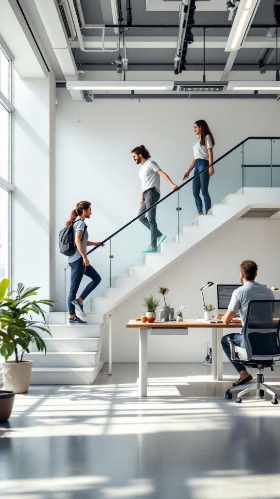 People using stairs in a modern office space, promoting daily movement.