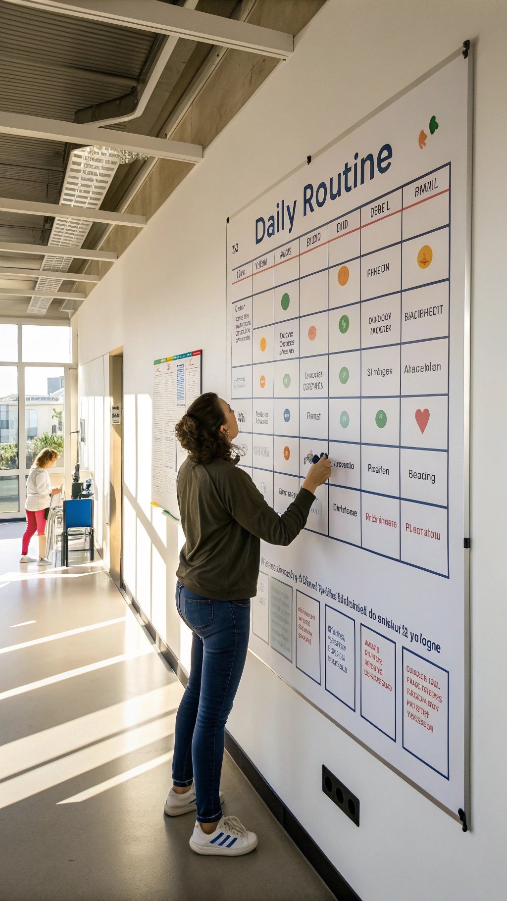 A person interacting with a colorful task chart on a wall, emphasizing daily routines and organization.