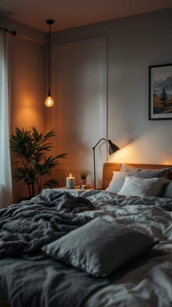 Cozy bedroom with soft lighting, comfortable bed, and plants