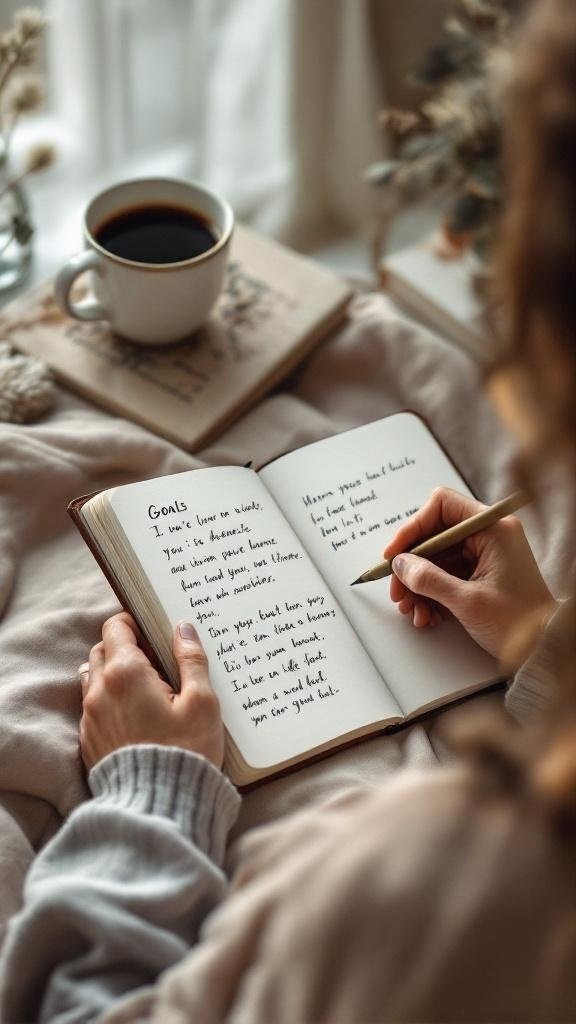 A person writing goals in a notebook with a cup of coffee beside them.