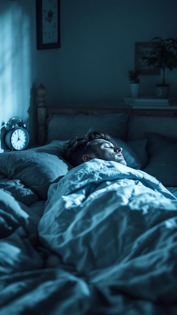 A person sleeping soundly in a cozy bed with soft blankets and a clock in the background.
