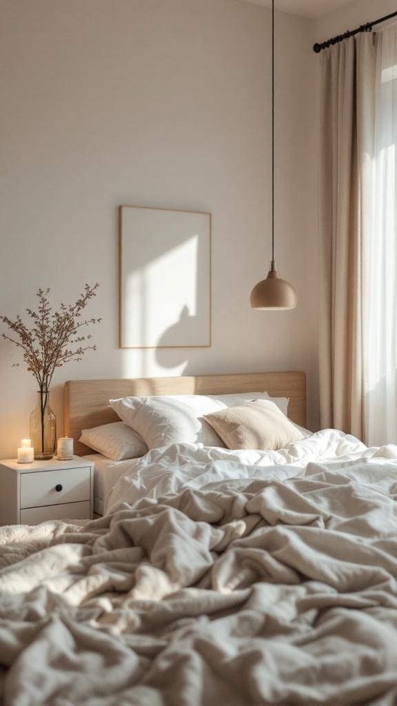 Cozy bedroom with soft bedding and warm lighting