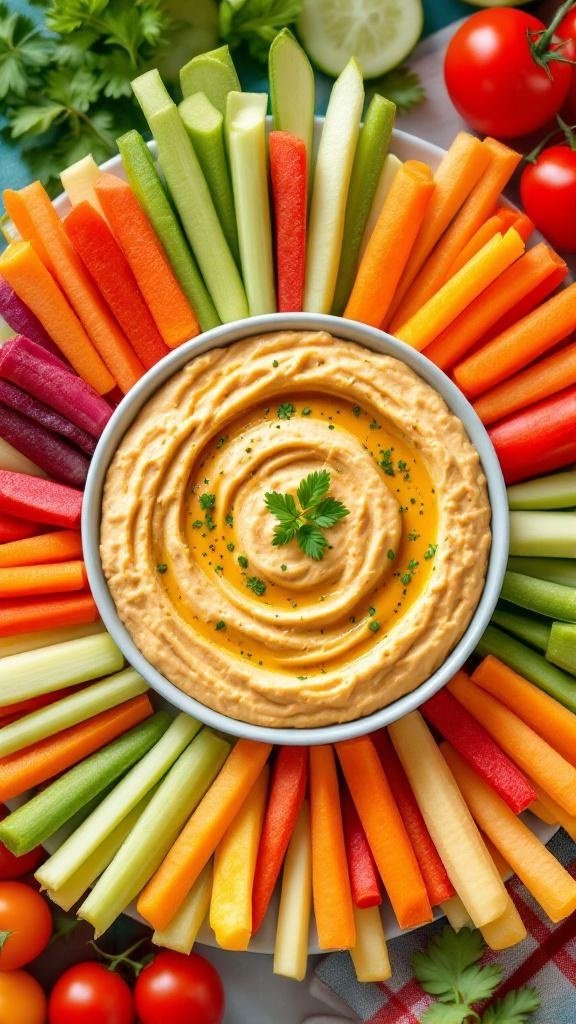 A colorful arrangement of veggie sticks surrounding a bowl of hummus.