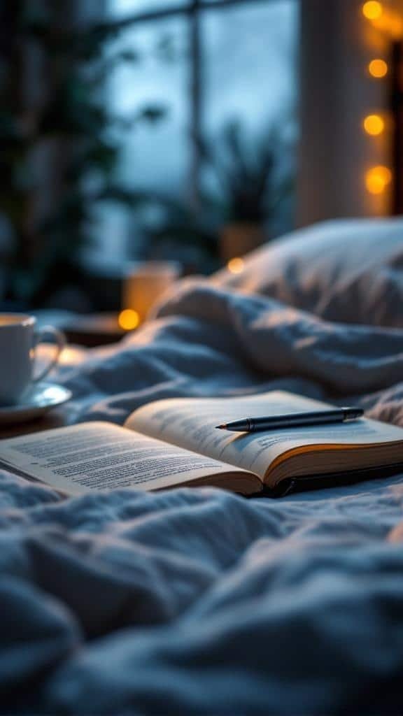A cozy bed with an open journal and a pen, accompanied by a cup of tea, creating a peaceful nighttime atmosphere.