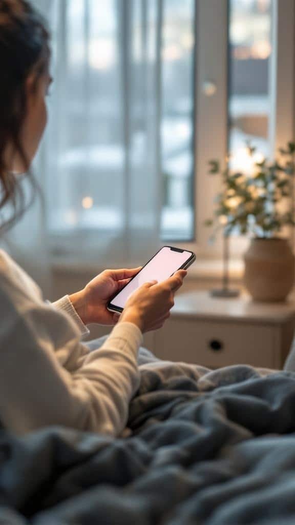 A person sitting in bed, holding a smartphone, with soft lighting and cozy blankets around.