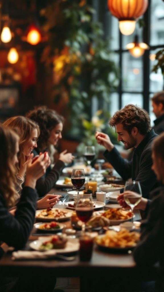 A group of friends enjoying a meal together at a cozy restaurant, with various dishes on the table.