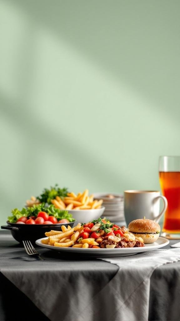 A table set with a plate of fries, a burger, a colorful salad, and a drink, showcasing a typical restaurant meal.