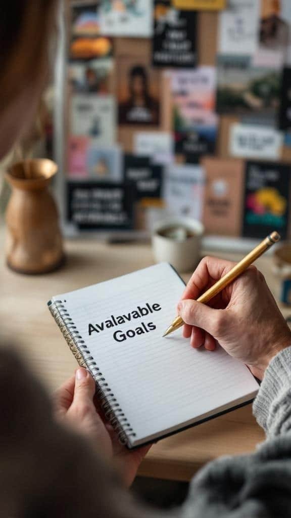 A person writing 'Available Goals' in a notebook, symbolizing goal setting for improvement.