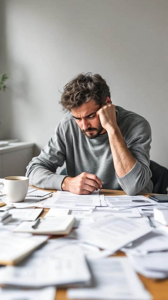 A man looking overwhelmed at a table covered with papers and a cup of coffee.