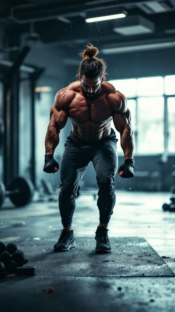 A muscular man performing high-intensity interval training in a gym setting.