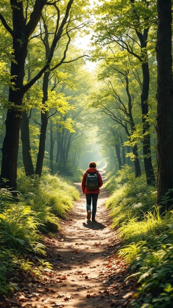 A person walking on a peaceful forest path surrounded by trees and greenery.