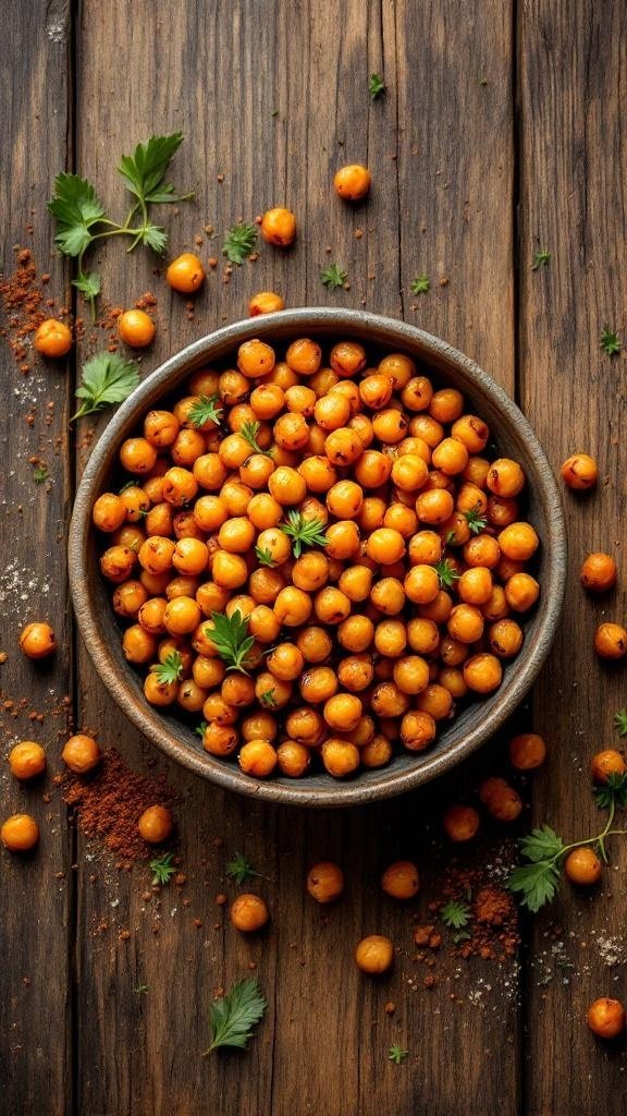 A bowl of spicy roasted chickpeas surrounded by scattered chickpeas and fresh herbs on a wooden surface.
