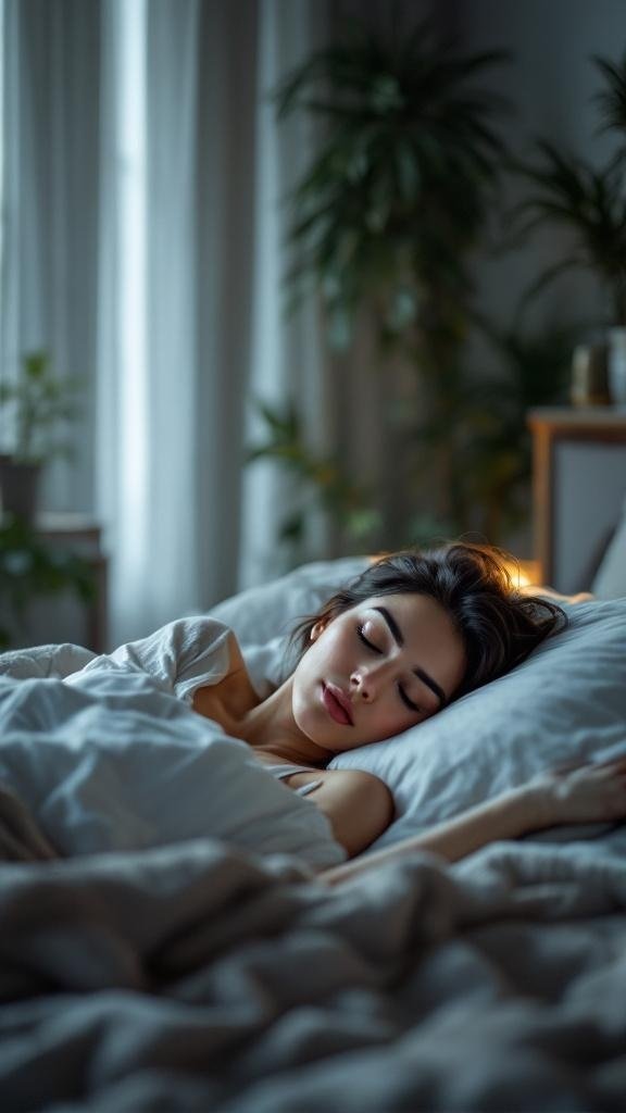A woman sleeping peacefully in a cozy bedroom with plants around.