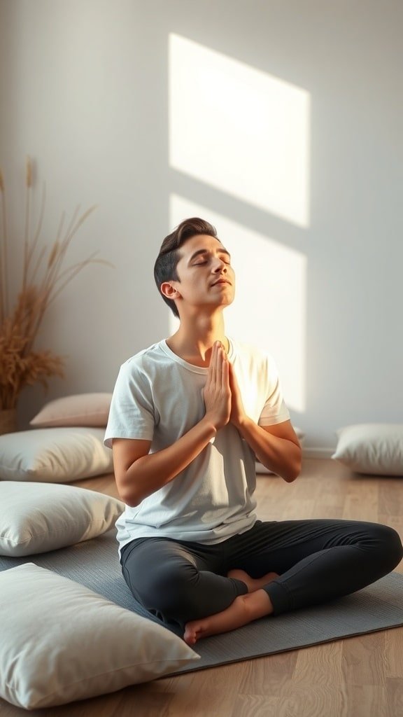 A person meditating in a serene room filled with soft pillows and warm light.
