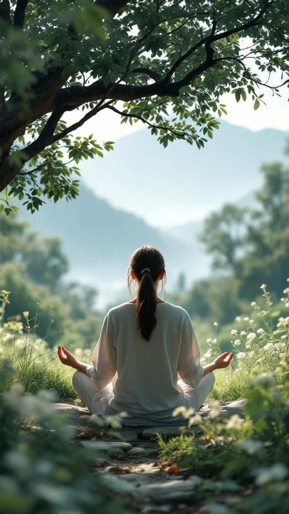 A person meditating in a peaceful natural setting, surrounded by greenery and flowers.