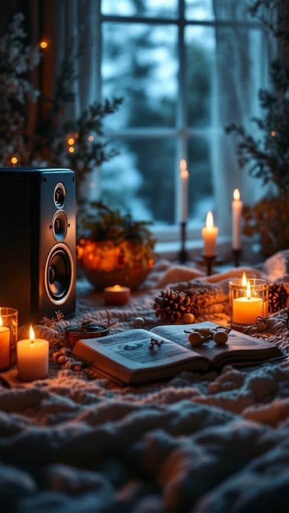 A cozy scene with a speaker, candles, and an open book, perfect for relaxation.
