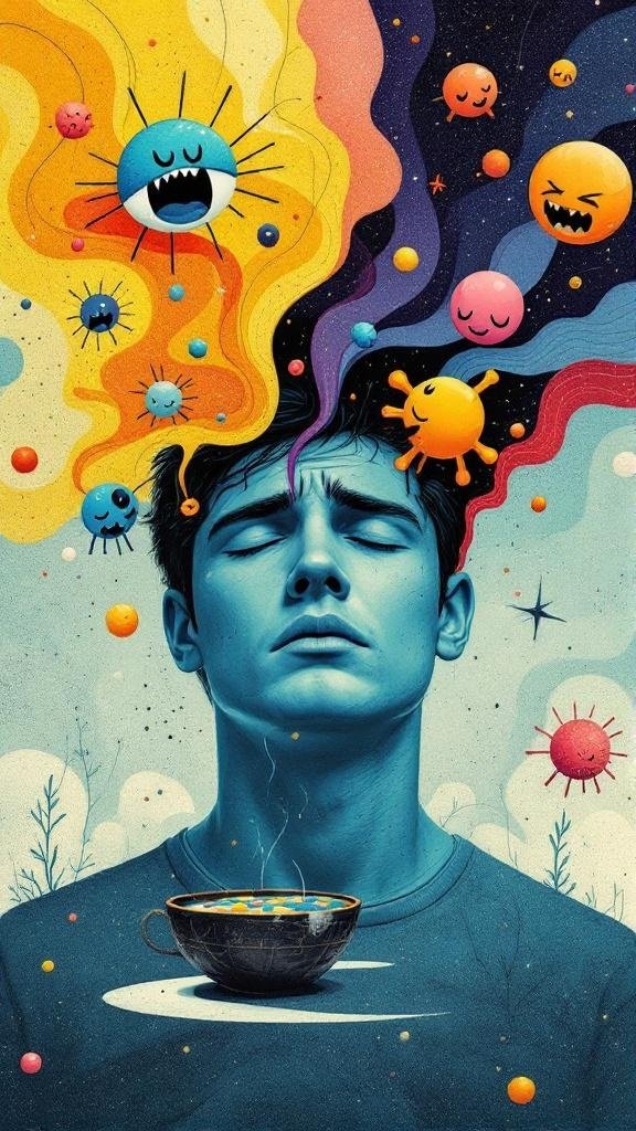A colorful illustration of a person with swirling emotions and stress represented by vibrant shapes and colors.