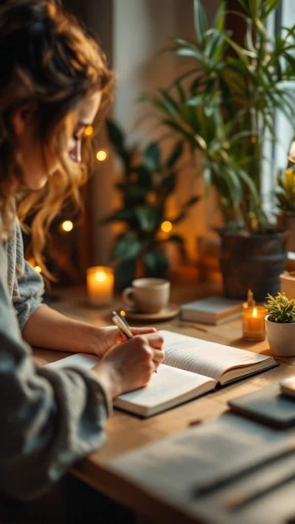 A person writing in a notebook at a cozy desk with plants and candles.