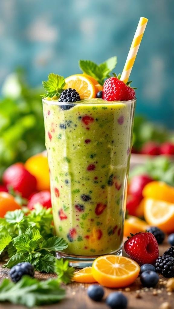 A colorful smoothie made with various fruits and greens, garnished with berries and mint leaves.