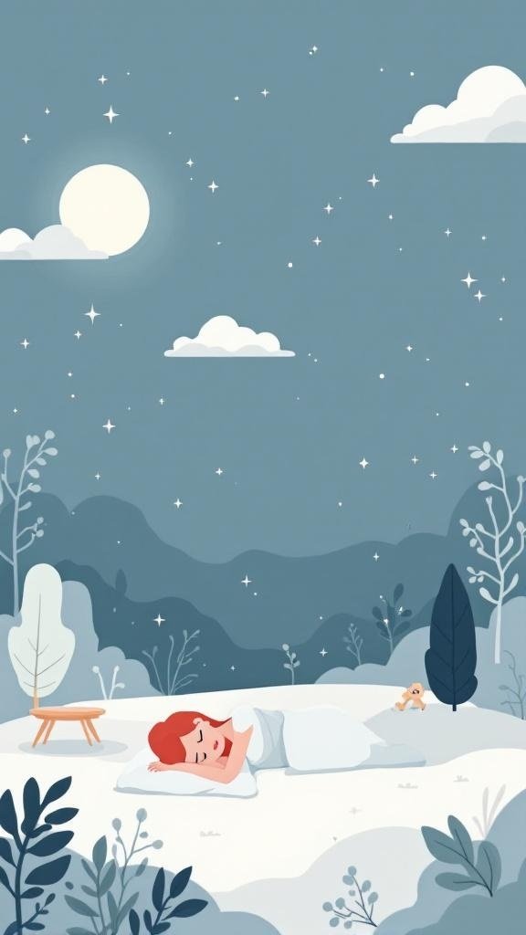 A peaceful night scene with a woman sleeping under a bright moon, surrounded by trees and stars.